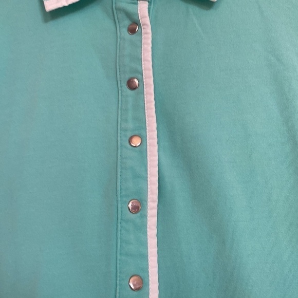 Talbots teal and white collared sleeveless shirt. Snap front closure. Large
C - Picture 2 of 7